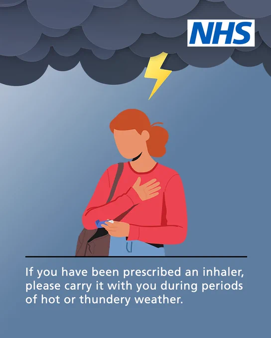 An illustration of a person with a thunderstorm in the background. They have a hand held up to their chest and their other hand is holding an inhaler. Text reads 'Hot weather and thunderstorms can trigger symptoms in those who suffer with lung conditions such as asthma. If you have been prescribed an inhaler, carry it with you during periods of hot or thundery weather.'