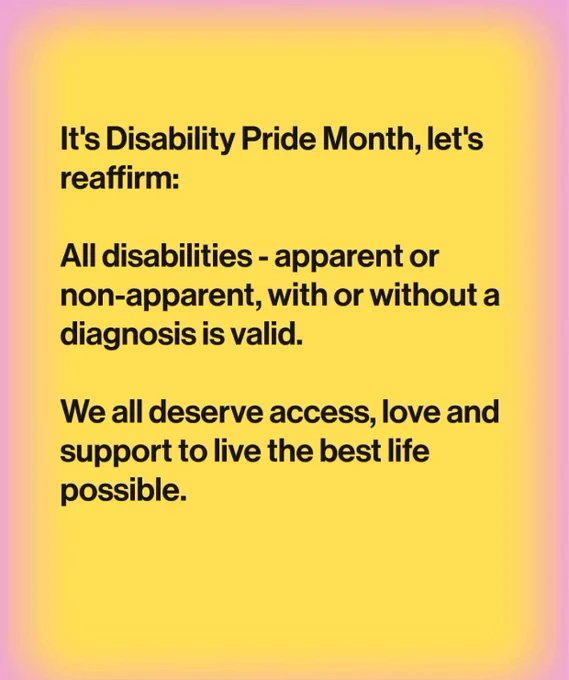 It's Disability Pride Month, let's reaffirm:

All disabilities - apparent or non-apparent, with or without a diagnosis is valid.

We all deserve access, love and support to live the best life possible. 


#DisabilityPrideMonth #GreenDisability #DisabilityPride #SDGs #AXSChat  #DisabilityInclusion #WeAreBillionStrong