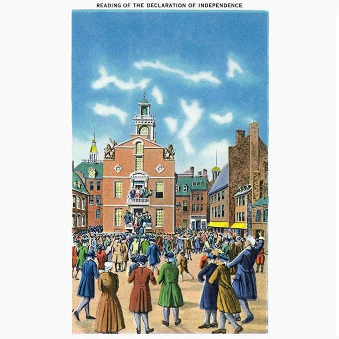 A painting of the reading of the Declaration of Independence from the Old State House in Boston.  