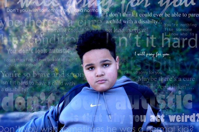 A photo edited image of my brother back in 2021 with a solemn face in the middle with different phrases in different sizes and opacities surrounding him. The photo has a blue tint all over. The point of this piece is to portray some phrases that people say about autistic individuals that can come off as very ableist and harmful to autistic people, including my brother. This includes some things I have heard about my brother as well as other general ones.