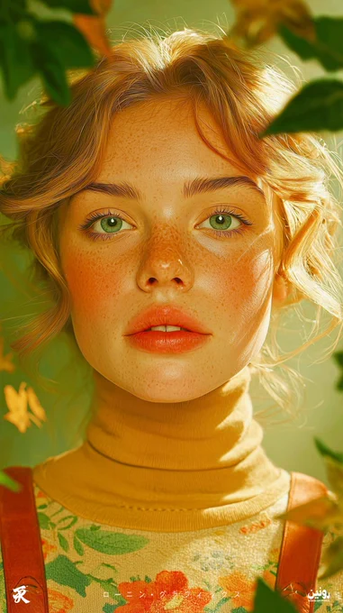 Golden hour portrait, autumnal colors, warm tones, natural light, detailed skin, gentle gaze, soft focus background, surrounded by leaves, cozy, serene.