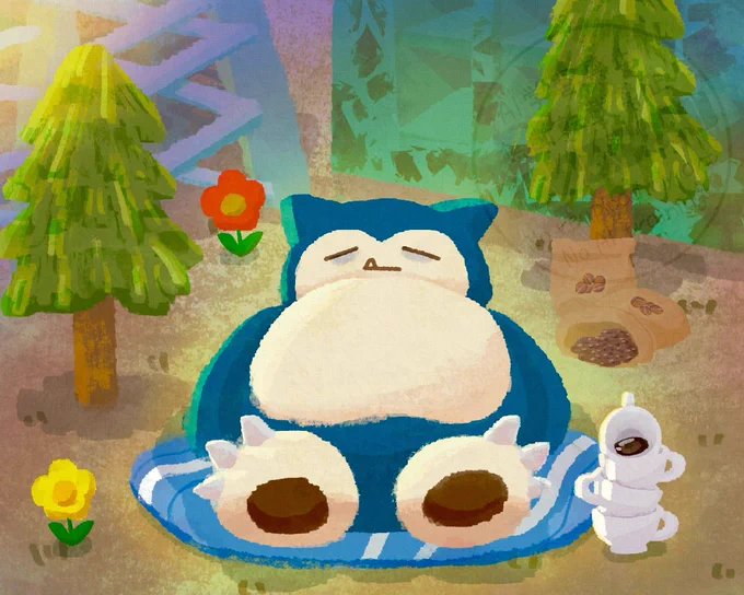 ポケモンのイラスト
ポケモンスリープのフィールド「ゴールド旧発電所」に寝転ぶカビゴン
目にはクマが出来ており、傍らにはたくさんのコーヒーカップが積まれている