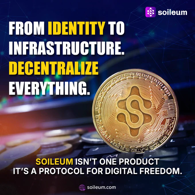 Gold crypto coin labeled Soileum with the tagline “Decentralize Everything” on digital background.