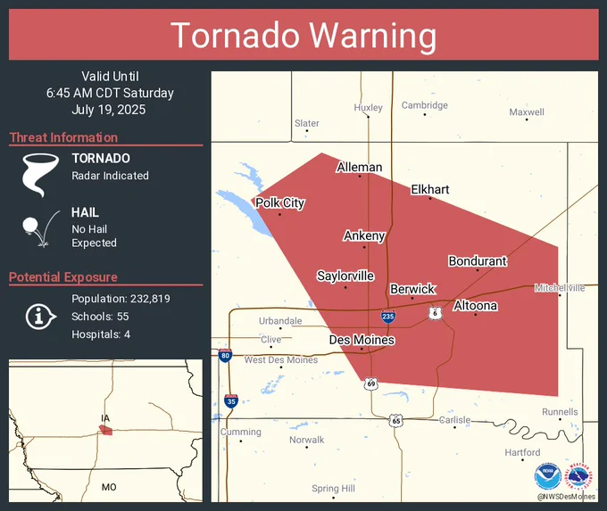 This graphic displays a tornado warning plotted on a map. The warning is in effect until 6:45 AM CDT. The warning includes Des Moines IA, Ankeny IA and Altoona IA.  This warning is for Central Polk County in central Iowa. The threats associated with this warning are a radar indicated tornado and no hail is expected. There are 232,819 people in the warning along with 55 schools and 4 hospitals.