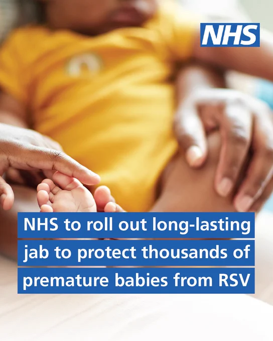 NHS to roll out long-lasting jab to protect thousands of premature babies from RSV. A picture of a baby is shown in the background and the NHS logo is in the top right corner.