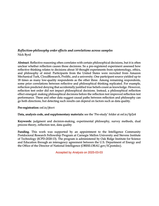 Byrd, N. (2025). Reflection-Philosophy Order Effects and Correlations Across Samples. Analysis. https://doi.org/10.1093/analys/anaf015