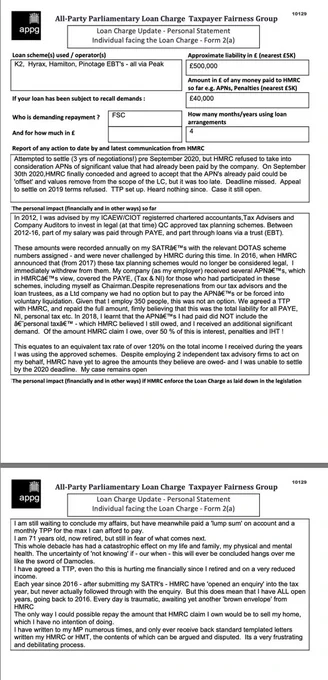 This is an example of a Loan Charge Impact statement taken as evidence by the Loan Charge and Taxpayer Fairness Group AAP. These statements highlight the true impact of the Loan Charge on families and individuals and how that differs from what is reported by HMRC

Work for HMRC? Sick of the slaughter? Help us. Follow the link below:

https://www.hmrcloancharge.info/hmrc-whistleblower-portal/

To see a proposed solution to the mess visit:

https://www.loanchargeresolution.co.uk/wp-content/uploads/2024/08/Letter-to-Exchequer-Secretary-to-the-Treasury-about-the-Loan-Charge-August-2024.pdf


We understand that those affected may be having a tough time right now, especially given the disappointing announcement from the Government. If this is you please seek help. We attach contact details for Samaritans.
#LoanChargeScandal 
 
https://www.samaritans.org
Call: 116 123