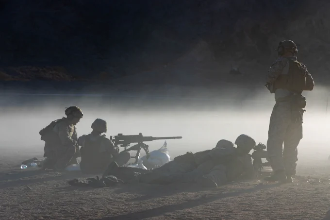 U.S. Marines with 2nd Low Altitude Air Defense Battalion, Marine Air Control Group 28, 2nd Marine Aircraft Wing, and 2nd Distribution Support Battalion, Combat Logistics Group 27, 2nd Marine Logistics Group fire M240B and M2 machine guns during a machine gun familiarization range as part of exercise Native Fury 25. Native Fury 25 is a biannual exercise focused on the demonstration of the rapid offload and integration of a Maritime Prepositioned Force in the U.S. Central Command area of operations in support of regional security, crisis response, and contingency operations. (U.S. Marine Corps photo by SSgt. Gavin Umboh)