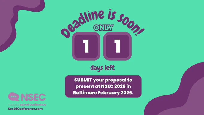 Image has a green background with wavy purple shapes in the top left and bottom right corners. In the center is the text "Deadline is soon! Only 11 days left. Submit your proposal to present at NSEC 2026 in Baltimore February 2026".