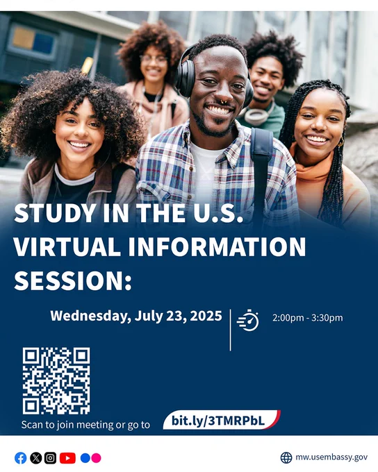 Group of smiling students outdoors with text promoting a U.S. Embassy Lilongwe virtual information session on studying in the United States, scheduled for July 23, 2025