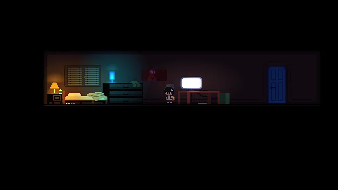 Pixel art bedroom, with Oliver standing in the middle.