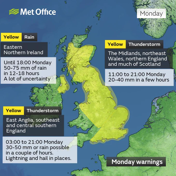 A summary of the weather warnings in place across the UK on Monday 21st July 2025. 

Yellow thunderstorm warnings are in place across parts of England, Wales and Scotland with a Yellow rain warning for eastern Northern Ireland.