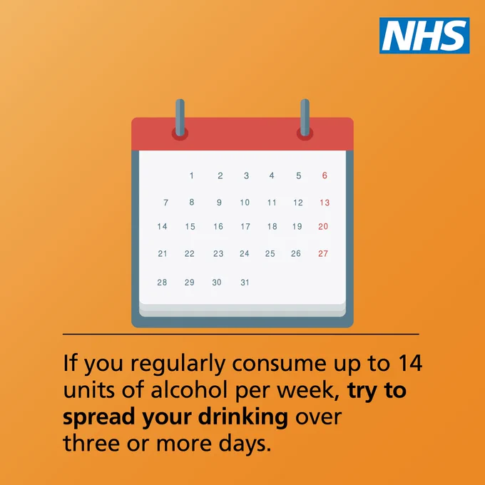 An illustration of a calendar. Text on image reads: If you regularly drink more than 14 units of alcohol a week, try having alcohol free days. 

NHS logo is in the top right corner. 