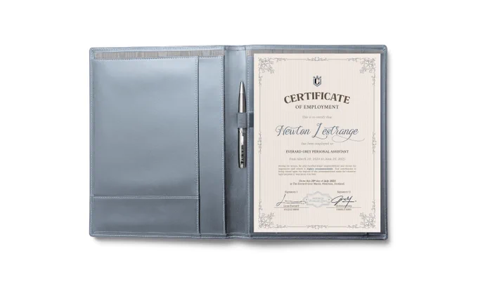 An open, light blue leather portfolio is displayed flat against a white background. On the right side, a formal Certificate of Employment for Newton Lestrange is visible within the portfolio. The left side of the portfolio contains several pockets and holds a sleek silver pen in a dedicated loop.
© 2025 Luna Everard. All Rights Reserved.