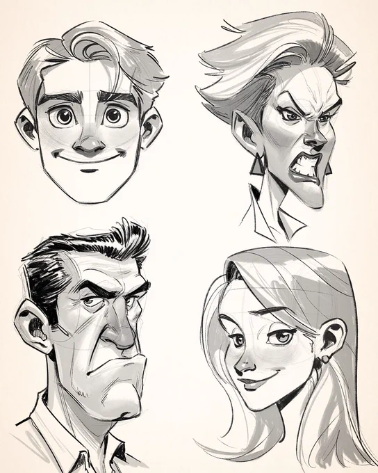 Cartoon-style pencil sketches of four expressive character portraits: a smiling young man, an angry woman with short hair, a grumpy older man, and a confident young woman with long hair. Drawn with bold lines and stylized shading.
