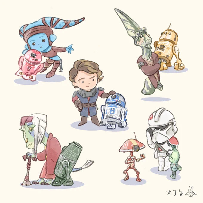 スターウォーズ クローンウォーズのファンアート／デフォルメされたD分隊のドロイドとそのマスターたちの立ち絵です。QT-KT&アイラ・セキュラ、U9-C4&ソングラ・ジャー、R2-D2&アナキン・スカイウォーカー、M5-BZ&テラ・シヌーベ、WAC-47&ネーオ、WACを見つめているミーバー・ガスコン大佐