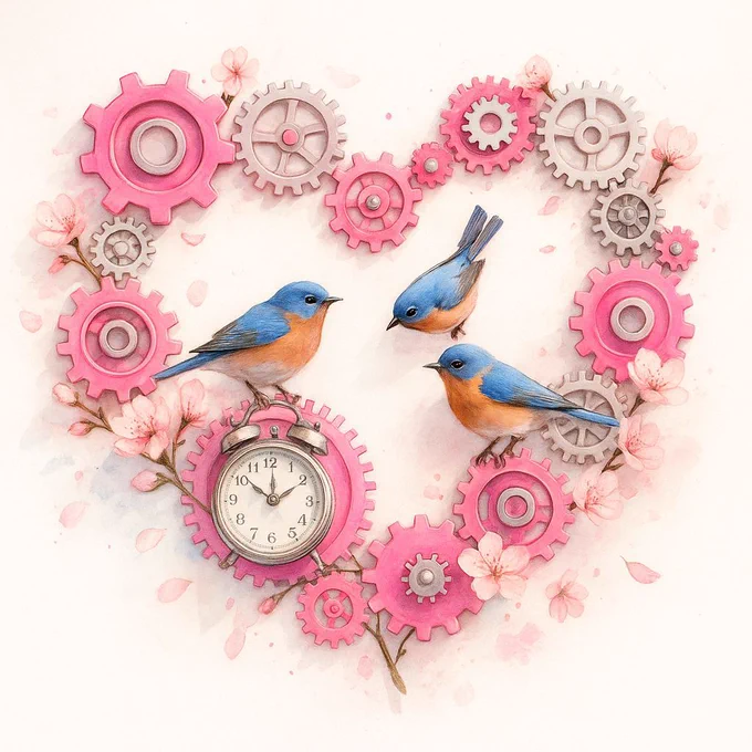 DODDC Early Bird Pricing Ends Jul 21 -- Birds on Cherry Blossom Pink Gears in shape of a Heart