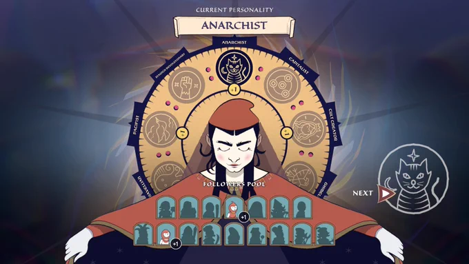A screen of Becoming Saint, with the titular character on front, and behind her a wheel of different politics, where "Anarchist" is the one selected
