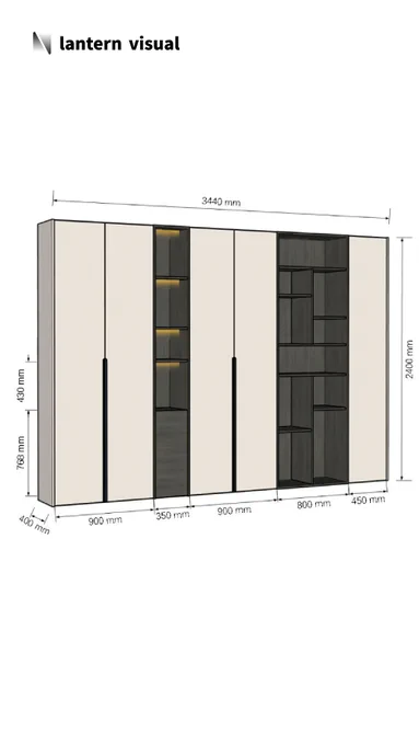 A precision 3D rendering of a custom wardrobe system by Lantern Visual, designed specifically for production-focused cabinet manufacturers. This 3440mm-wide solution features cream-colored door panels paired with two distinct dark open shelving styles - one for elegant display purposes, the other featuring a geometric layout. Simply submit your sketches and we'll deliver the initial draft within 48 hours, complete with detailed technical production drawings, allowing you to focus on sales and manufacturing.