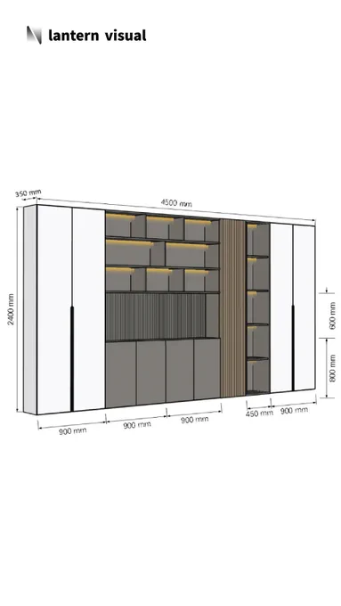 A photorealistic 3D rendering crafted by Lantern Visual for North American interior designers and cabinet manufacturers. This 4500mm-wide custom wardrobe solution showcases our exceptional space-planning expertise, blending minimalist white cabinetry, a dark display section with vertical slat detailing, and an elegant glass display case. Subscribe to our VIP design service for unlimited design requests and expedited deliveries—all for a fixed monthly fee.