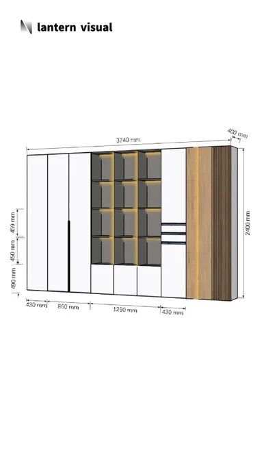 A precise 3D rendering of a modern wardrobe system, created by Lantern Visual, demonstrates how we transform your design concepts into powerful sales tools. Measuring 3740mm in width, this design features pure white velvet-textured door panels, dark open shelving with built-in LED lighting, and a stylish vertical wood slat finish on the right side. We offer unlimited revisions, ensuring your clients receive photorealistic renderings like this within 48 hours.