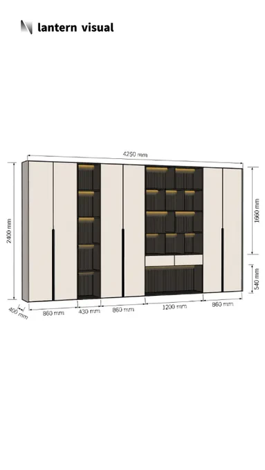 Presented by Lantern Visual, this 4250mm-wide custom wardrobe rendering serves as your dependable design partner. Featuring symmetrical elegance, the design combines soft beige door panels on both sides with two dark wood open display towers at the center—complete with integrated lighting and drawer storage. We guarantee quality and reliability, while offering the flexibility to pause or cancel your subscription anytime, putting you in full control of costs.