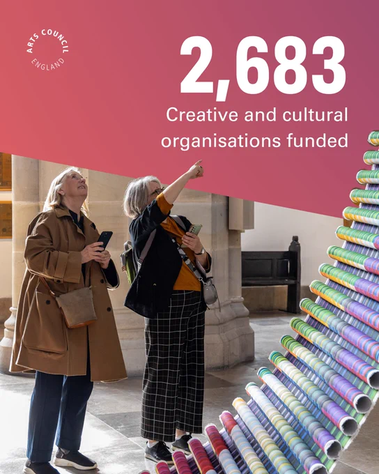 Two women looking up at an art installation at the National Festival of Making, with text overlayed that says "2,683 creative and cultural organisations funded"