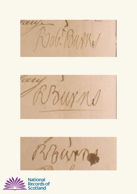 Three signatures excerpted from an excise book recording Robert Burns signing for his wages. The  handwriting is scratchy in the first two, and clearly drawn with difficulty in a shaky hand for the last, which includes a large inkblot. 