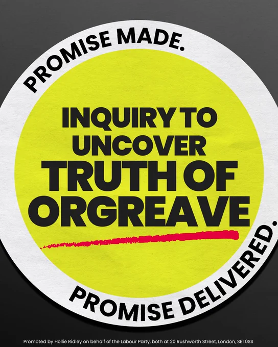 Text: Inquiry to uncover truth of Orgreave. Promise made. Promise delivered.