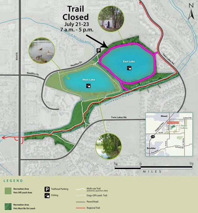 Trail map of Twin Lakes including the temporary trail closure of the East Lake Trail.