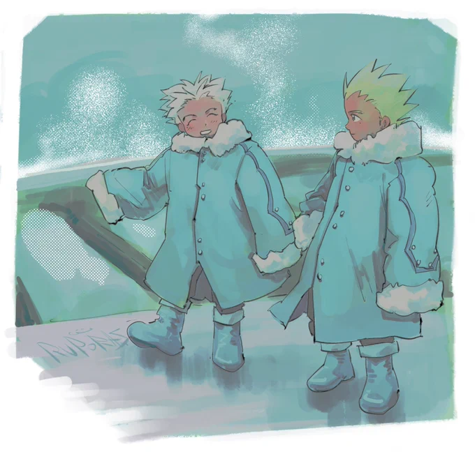 trigun maximum fanart, with vash and knives as kids. the twins are in their puffy coats, in the sleeping chamber. knives is smiling excitedly at vash, gesturing forward of where to go next. vash’s smile is smaller but still seemingly content.