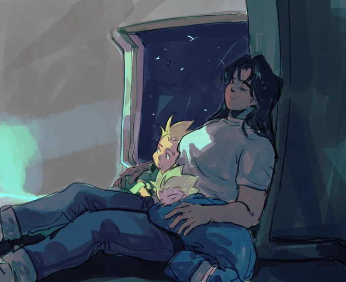 trigun maximum fanart, with vash and knives as kids and rem. rem is sleeping against a door edge/column of the ship, looking weary, and has a hand against knives and vash’s back. knives is curled up next to her, arms crossed, resting against rem’s thigh, looking peaceful and happy. vash is leaning against rem’s side, awake and looking mutely to the side.