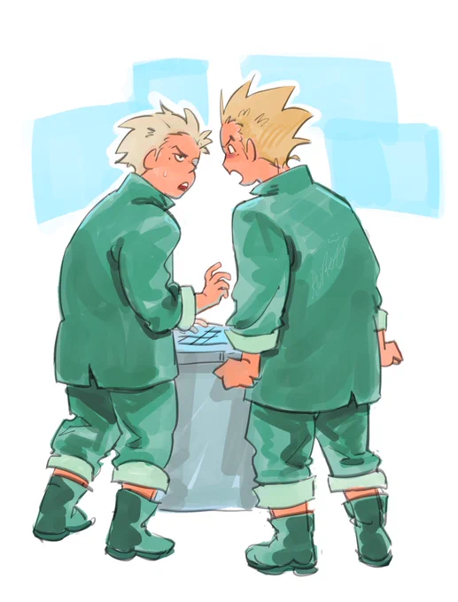 trigun maximum fanart, with vash and knives as kids. vash, visibly angered, is yelling at knives, who’s operating some machinery on the ship. knives looks annoyed but also startled.