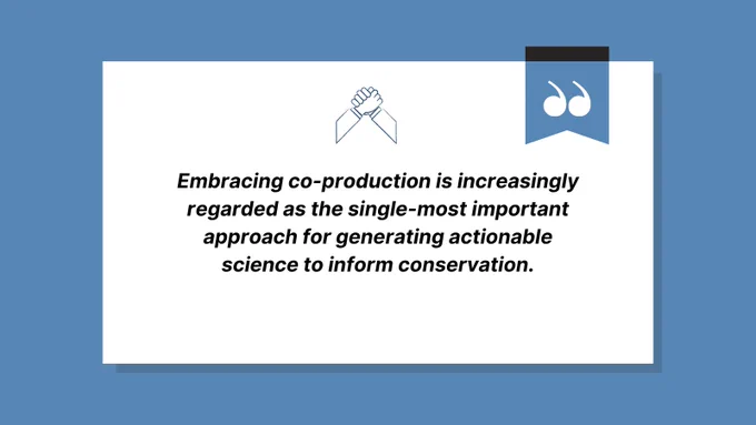 Graphic of shaking hands above quotation reading "embracing co-production is increasingly regarded as the single-most important approach for generating actionable science to inform conservation". 