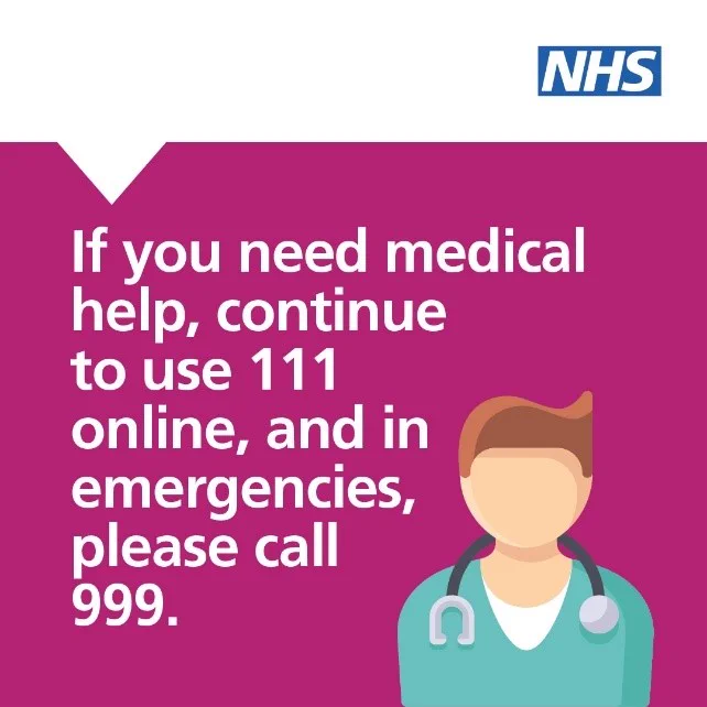 Text on fuchsia background with illustration of doctor. Text says: If you need medical help, continue to use 111 online, and in emergencies, please call 999.