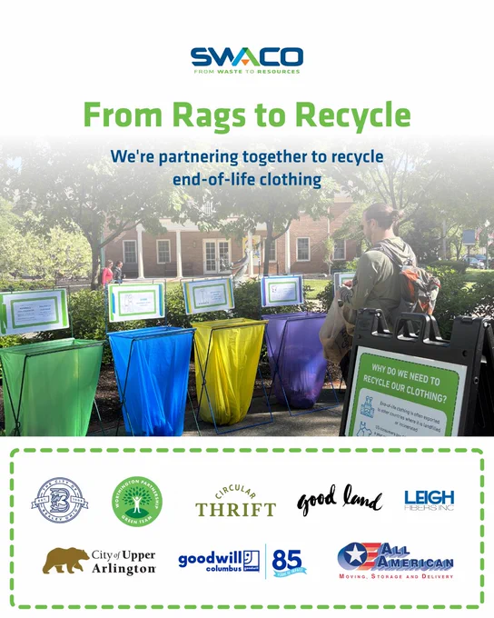 SWACO logo is at the top. The graphic reads ‘From Rags to Recycle. We’re partnering together to recycle end-of-life clothing’. Logos in partnership with SWACO are featured: City of Worthington, City of Bexley, City of Upper Arlington, Leigh Fibers, Good Land, Circular Thrift, All American Movers, and Goodwill