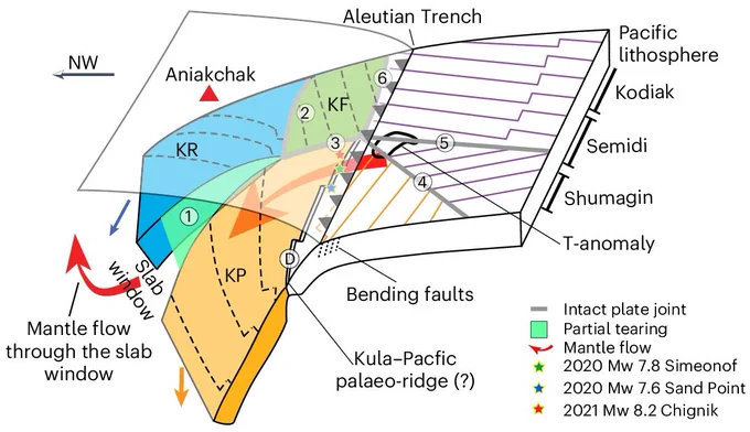 Schematic illustration of the interpreted slab tearing along a subducted oceanic plate joint