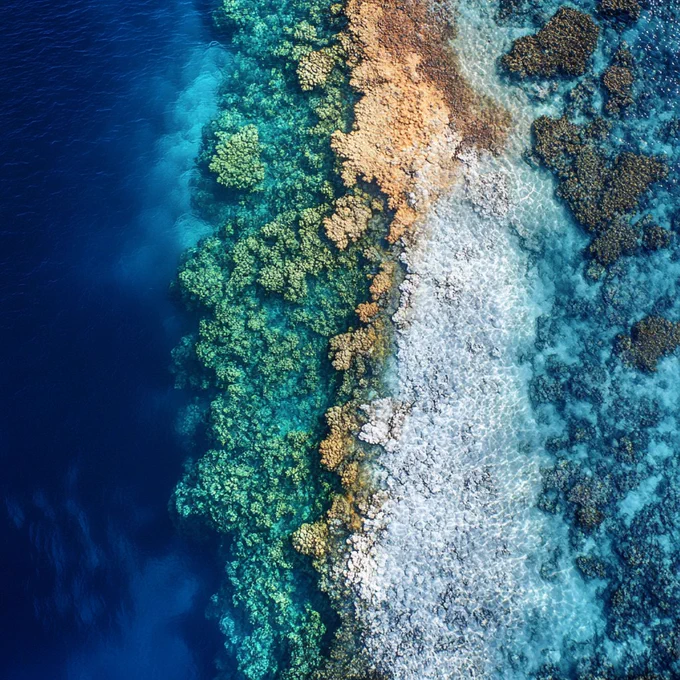 Aerial view showcases a vibrant coral reef transitioning into a deep blue ocean, highlighting rich underwater biodiversity.