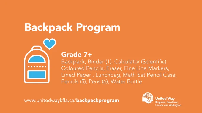 Have you started shopping for back-to-school yet? 
If you have, think about adding a couple of extra items for the #BackpackProgram! 💼✏️
Backpacks, lunch bags, pens, pencils, rulers, math sets, markers, and crayons are always in need, and for Kindergarten to Grade 7, these items are most requested. Gender-neutral items are preferred.
Items can be donated at 417 Bagot Street, Monday - Friday from 8:30 am to 4:30 pm. Make a difference with the United Way Kingston, Frontenac, Lennox & Addington Backpack Program!
For a full list of recommended items by age group, or to donate monetarily, visit the link below:
👉 https://www.unitedwaykfla.ca/news/backpackprogram2025/
Change our tomorrow, today. 💼✏️
#BackpackProgram #UWKFLA #LocalLove #CommunitySupport #ChangeOurTomorrowToday
