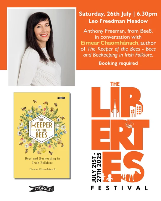 Cover of The Keeper of the Bees  and logo of Liberties Festival in a white background with an orange stripe at the top with a photo of the author and white text.