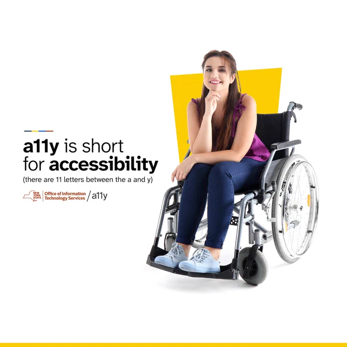 A woman smiles while sitting in a wheelchair against a yellow backdrop. Beside her, the text reads "a11y is short for accessibility" and in parentheses below, "there are 11 letters between the a and y". The New York State Office of Information Technology Services logo alongside the "a11y" tag sit below the text.
