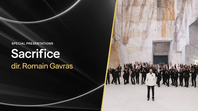 A graphic containing a film still from SACRIFICE. A man in a white tuxedo stands in a spacious, rustic white hall, while suited photographers gather behind him. The graphic reads: "Special Presentations, Sacrifice, dir. Romain Gavras"