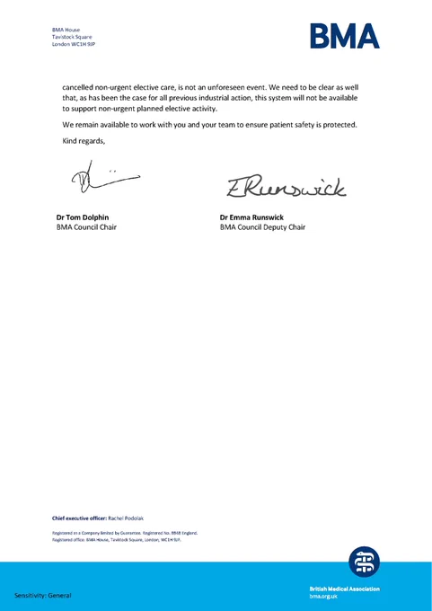 Letter signed by Dr Tom Dolphin (BMA council chair) and Dr Emma Runswick (BMA council deputy chair)
