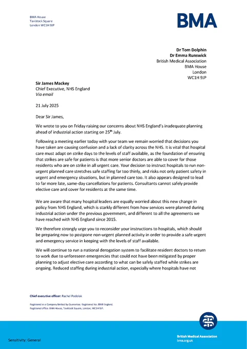 Letter to James Mackay on inadequate planning for strike action due to start later this week - 25th July