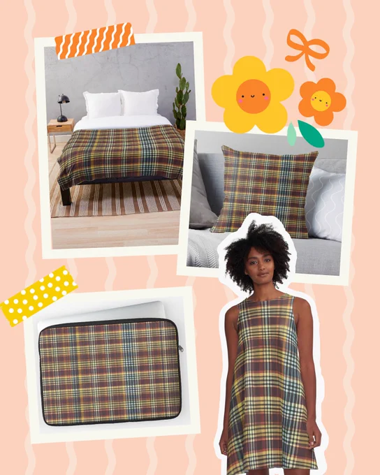 A cozy check pattern design in warm shades of brown, yellow, and red appears on various items including a blanket, throw pillow, laptop sleeve and A-line dress. The background is light peach with decorative flowers and tape graphics. The style is soft, inviting and perfect for home or lifestyle products with a traditional touch.