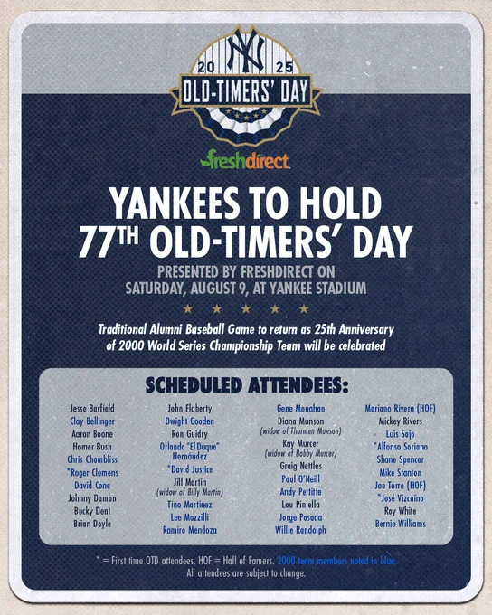 2025 Old-Timers’ Day presented by FreshDirect

Yankees to hold 77th Old-Timers’ Day presented by FreshDirect on Saturday, August 9, at Yankee Stadium 

Traditional Alumni Baseball Game to return as 25th anniversary of 2000 world series championship team will be celebrated: 

Scheduled Attendees: 

Jesse Barfield
Clay Bellinger
Aaron Boone
Homer Bush
Chris Chambliss
*Roger Clemens
David Cone
Johnny Damon
Bucky Dent
Brian Doyle
John Flaherty
Joe Girardi
Dwight Gooden
Ron Guidry
Orlando “El Duque” Hernández
David Justice
Jill Martin (widow of Billy Martin)
Tino Martinez
Lee Mazzilli
Ramiro Mendoza
Gene Monahan
Diana Munson (widow of Thurman Munson)
Kay Murcer (widow of Bobby Murcer)
Graig Nettles
Paul O’Neill
Andy Pettitte
Lou Piniella
Jorge Posada
Willie Randolph
Mariano Rivera (HOF)
Mickey Rivers
Luis Sojo
*Alfonso Soriano
Shane Spencer
Mike Stanton
Joe Torre (HOF)
José Vizcaíno
Roy White
Bernie Williams

All Attendees are subject to change 

