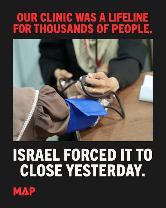 A photo of a medical professional taking a patient's blood pressure at MAP's Solidarity Polyclinic in Deir al-Balah, Gaza. Text alongside the photo reads: Our clinic was a lifeline for thousands of people. Israel forced it to close yesterday.