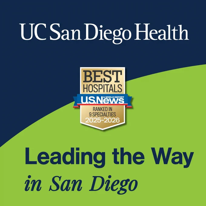 Logo of UC San Diego Health featuring the U.S. News Best Hospitals badge, announcing its rank in 9 specialties for 2025-2026 with the text "Leading the Way in San Diego" on a blue background.