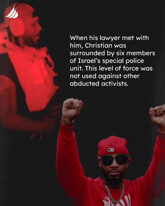 [Two pictures of Chris, inc one on 'Handala' wearing headphones and the other with both fist raised] Text repeated in tweet.