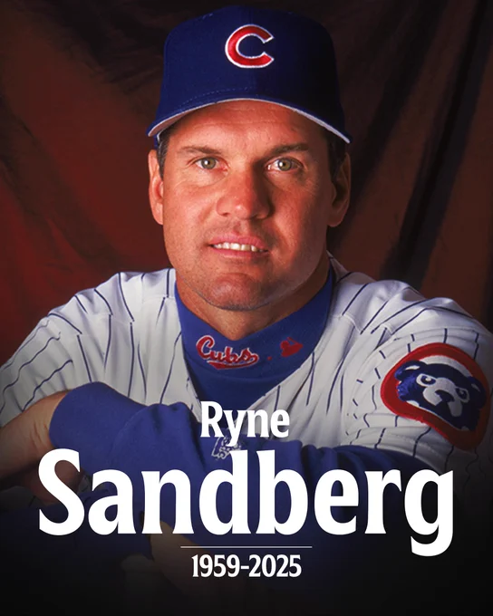 Ryne Sandberg
1959-2025
Pictured: Ryne Sandberg poses for a photo. He is wearing a pinstriped Chicago Cubs uniform. 
